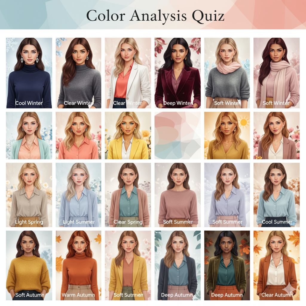 Seasonal color analysis guide showing women in all 12 color seasons with matching outfits