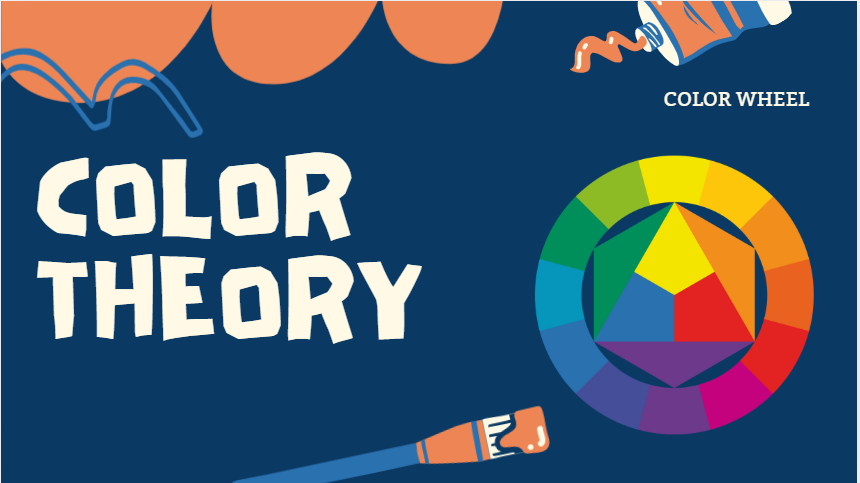 Color theory illustration featuring a color wheel with primary, secondary, and tertiary colors, showing color relationships and harmony for design and art education.