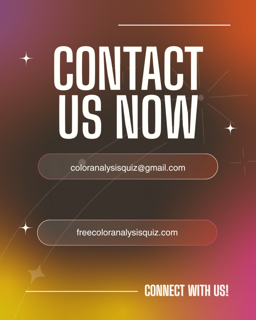 Contact Us page banner for Color Analysis Quiz website with warm gradient colors, displaying contact email and website link for free online personal color analysis and seasonal color consultation.