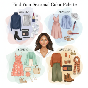 Illustration of a woman surrounded by four seasonal color palettes for Winter, Summer, Spring, and Autumn with matching clothing and makeup, showing how to find your perfect seasonal colors.
