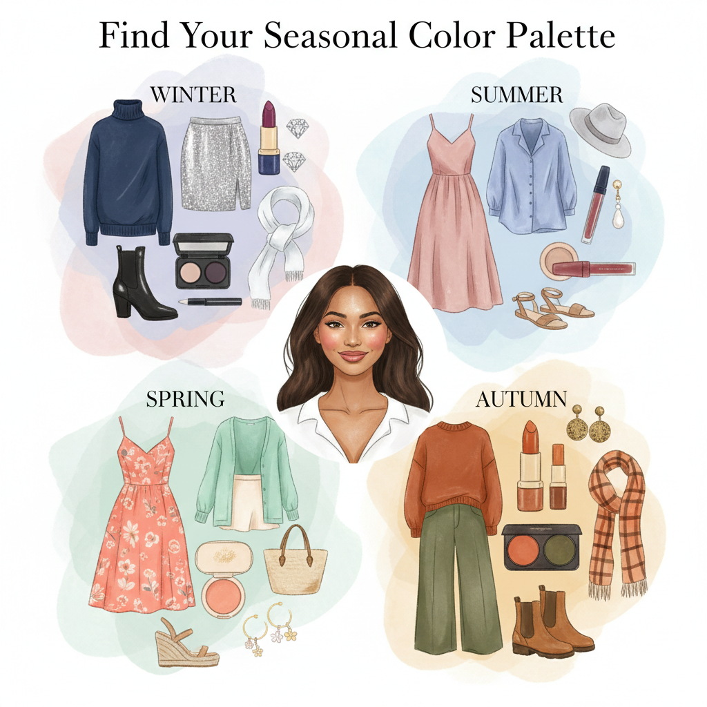 Illustration of a woman surrounded by four seasonal color palettes for Winter, Summer, Spring, and Autumn with matching clothing and makeup, showing how to find your perfect seasonal colors.