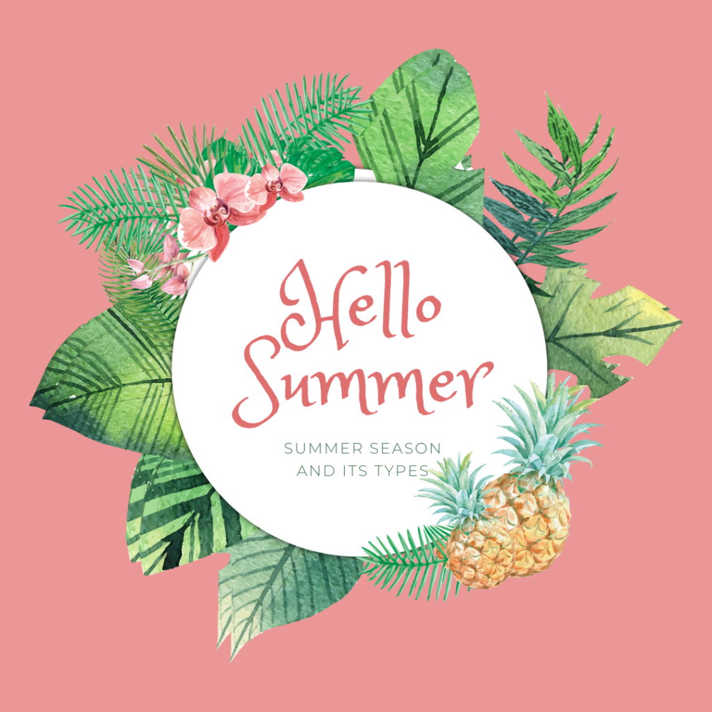 Summer season color analysis quiz cover featuring soft pink background, tropical green leaves, orchids, and pineapple surrounding a white circle with ‘Hello Summer’ text, representing light, cool, and fresh summer color palette