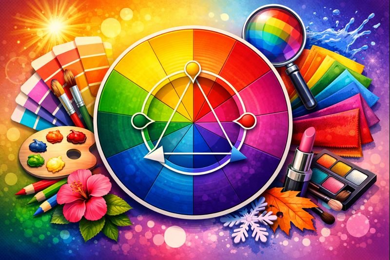 Color wheel showing primary, secondary, and tertiary colors with artistic and fashion elements