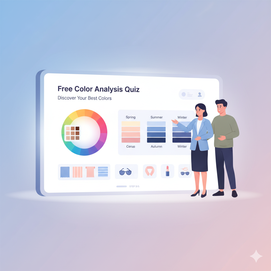 A image of a "Free Color Analysis Quiz" with the title "Discover Your Best Colors." Four color season palettes are displayed in squares: Spring (warm, light tones), Summer (cool, muted tones), Winter (cool, vivid tones), and Autumn (warm, rich tones). The interface shows "STEP 3/5" at the bottom.