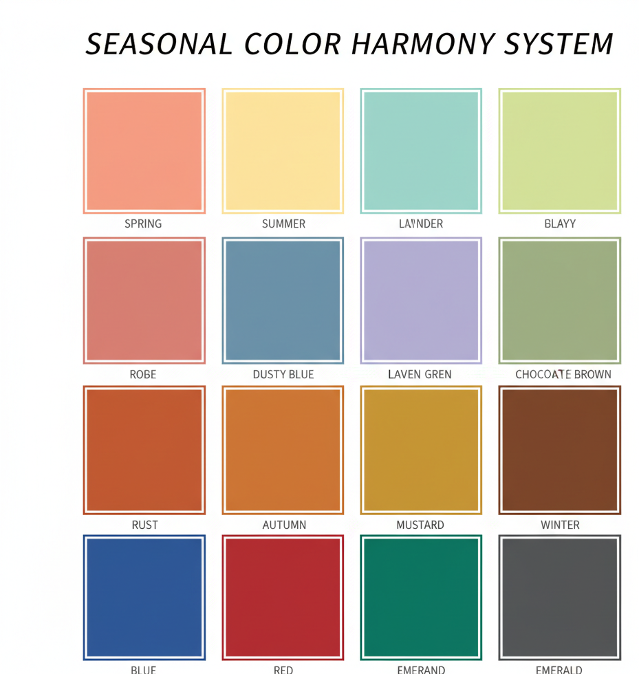 A structured grid showing 16 color blocks (4x4), clean layout, seasonal color harmony, educational and modern design, personal color system illustration.