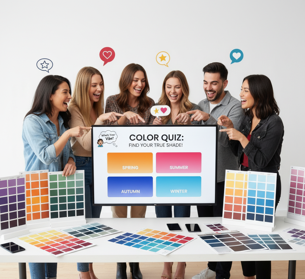 free color analysis quiz showing diverse people and colorful palettes